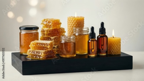Natural Honey and Beeswax Products Collection with Jars, Honeycomb, Candles and Soap