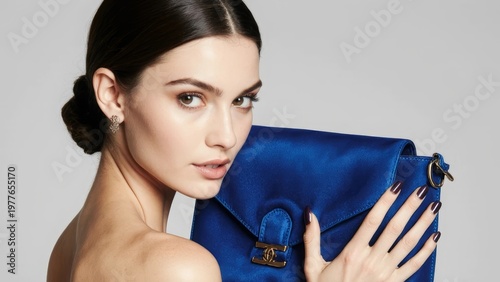 Fashionable Woman with Blue Luxury Handbag in Urban Street and Studio Beauty Portrait