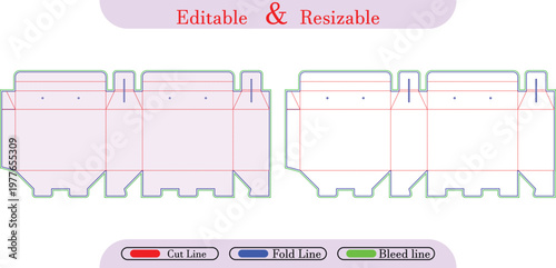 Packaging box die cut template with cut, fold, and bleed lines