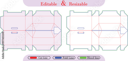 Packaging box die cut template with cut, fold, and bleed lines
