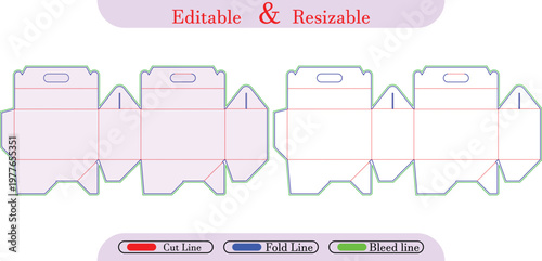 Packaging box die cut template with cut, fold, and bleed lines