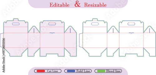 Packaging box die cut template, cut, fold, bleed lines