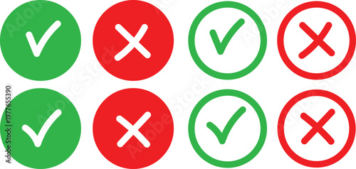Green Check Mark and Red Cross Icon Set, Approval and Rejection Symbols Collection, Yes and No Signs, Tick and X Buttons for UI, Voting, Feedback. Vector illustration