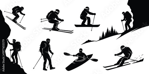 Winter and summer sports silhouette collection skiing hiking kayaking and more