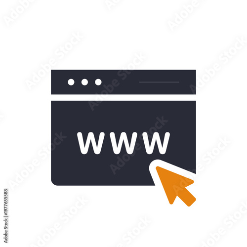 Browser window showing www text pointer, dark browser bar with three dots, orange cursor poised over letters, flat minimal