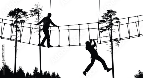 Rope bridge adventure silhouette of people crossing through forest canopy