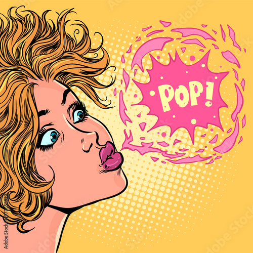 Pop Art Retro A beautiful woman makes a pop with her lips. The sound of a pop coming from her mouth. The sound of a person's gum exploding.