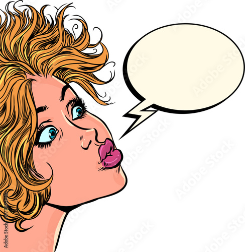 Pop Art Retro A surprised woman speaks into a speech bubble. Message for business clients. Answering a question.
