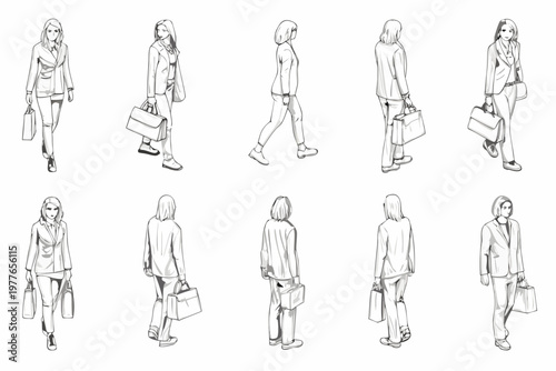 Fashion illustration of women walking with handbags in various poses