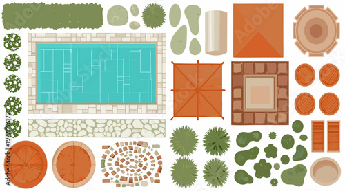 Aerial view of a backyard with pool patio and landscaping elements