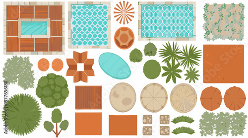 Aerial view of colorful patterned landscape elements arranged on a white background