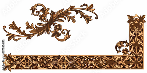 Ornate brown floral and leaf carvings forming decorative corner elements