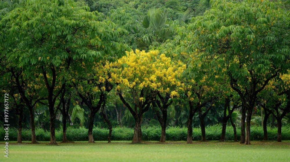 Obraz premium Natural row of ten trees in a sunlit yard, emerald leaves with bursts of yellow blossoms and a blooming Ratchaphruek