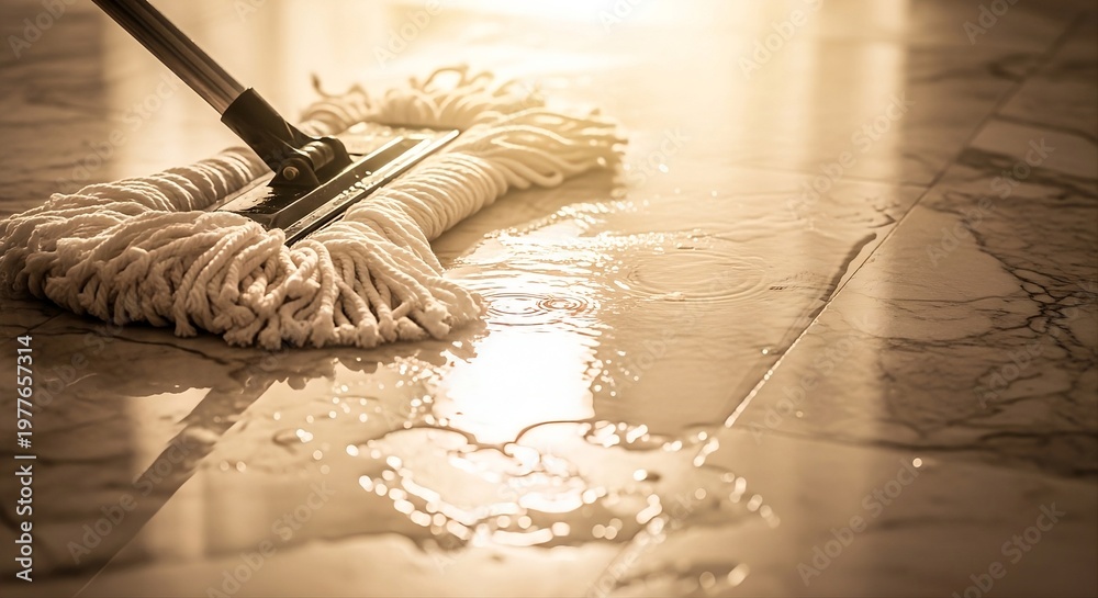 Naklejka premium Cotton Mop Cleaning Wet Marble Floor with Sunlight Reflection and Water Ripple