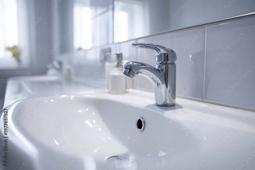 Fototapeta premium Shiny chrome tap and clean sink featured in a bright, contemporary bathroom setting
