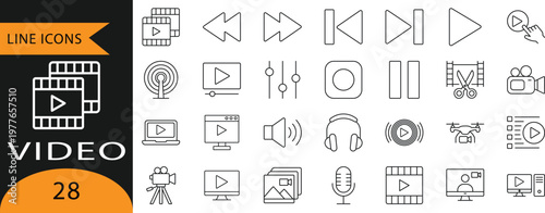 Video, Play, Camera, Film and Editing Line Icons
