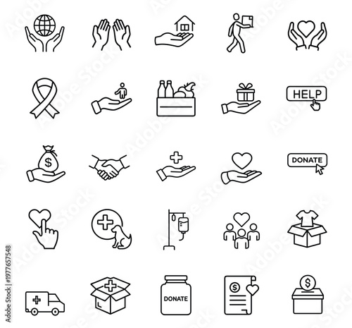 Volunteering and charity line icons set featuring donation box money jar heart in hand food basket and medical ambulance more vector illustration with editable stroke.