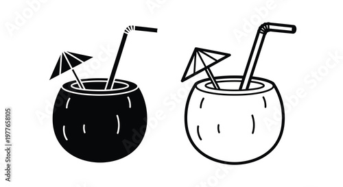 Two coconut drinks with straws and umbrellas in contrasting styles silhouette