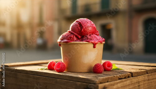 Vibrant Red Raspberry Gelato Scoops Melting in a Cardboard Tub with Fresh Berries on a Rustic Wood Surface at Sunset