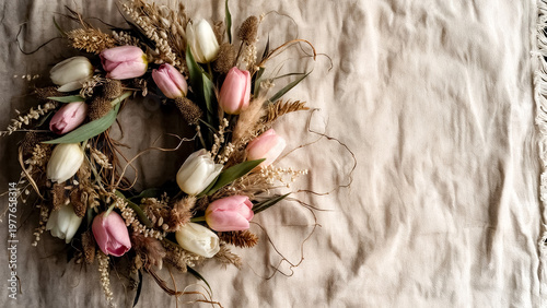 Handmade Floral Wreath Featuring Pink and White Tulips with Dried Grasses on a Neutral Textile Surface for Seasonal Home Decoration