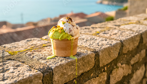 Pistachio and Vanilla Gelato Melting in Paper Cup on a Stone Wall with Mediterranean Sea and Coastal Town Background at Sunset