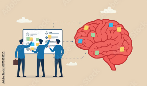 Idea memo, brainstorm or scrum sticky notes, productive plan, memory task reminder, arrangement, thought team meeting concept, businessman sticky notes human red brain