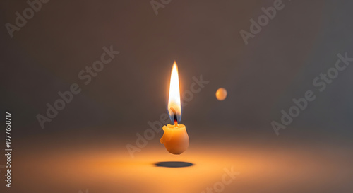 Candle burning softly with flickering flame on dark background  