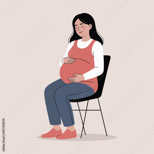 Pregnant woman sits on a simple black chair with her hands resting gently on her belly while wearing casual clothing in this flat digital illustration depicting maternity and early parenthood stages.