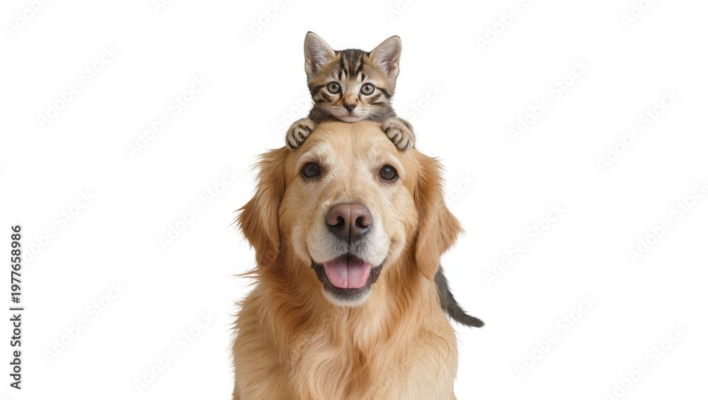 Obraz premium Tabby kitten perched on golden retriever dog s head, isolated on transparent background