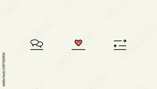 Minimalist icons of speech bubbles, a red heart, and directional arrows arranged on a light cream background. This symbolic scene represents digital communication and connection, with copy space.
