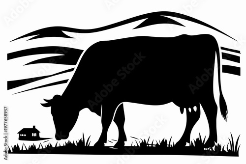 A striking black silhouette of a cow grazing in a field
