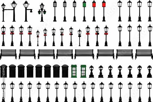 Collection of street lamps benches and bollards in a graphic style