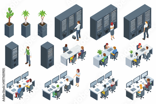 Isometric illustration of a data center with people working nearby
