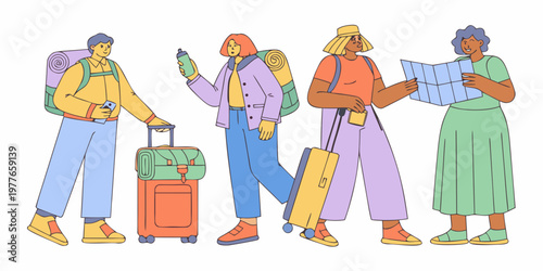 Diverse group of friends traveling together with luggage and maps