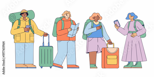 Four travelers with backpacks and luggage preparing for a journey