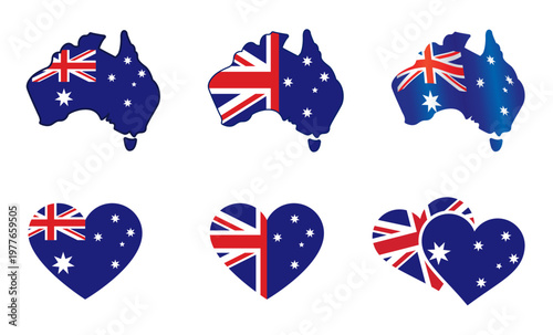 various australia aussie flag symbols logos simplified map and love heart icon emblem vector set on transparent background