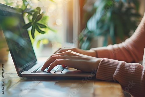 Hands Typing on Laptop in Natural Light Cozy Home Office Workspace