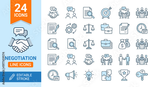 Set of 24 negotiation line icons for business, Agreement, And communication concepts