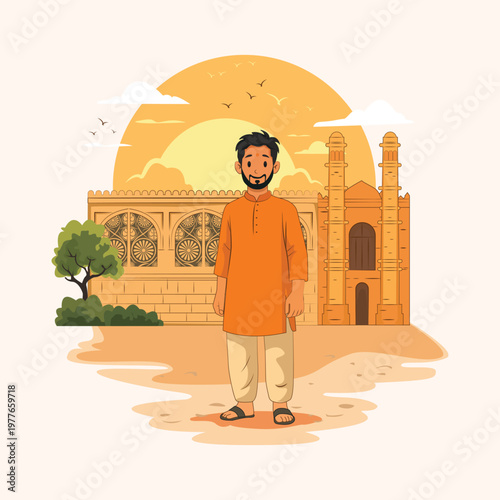 Modern Ahmedabad daily life illustration with traditional architecture and warm lighting.