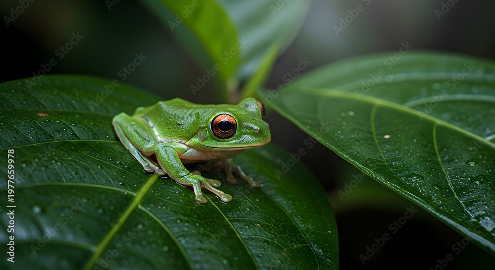 Obraz premium Vibrant green tree frog with striking orange eyes perched on a lush leaf, showcasing intricate skin texture and delicate toes.