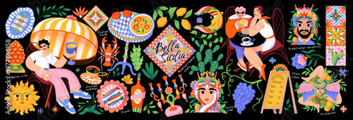Summer Italian Sicily. Vector Mediterranean isolated illustrations of Italian food, ceramic tile, wine, lemon, cafe with people on vacation, sardines, Triskelion, menu  for icons, and a postcard.
