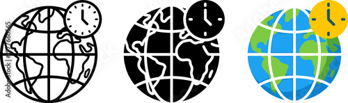 Time zone icons with clocks on globe for global view and international time