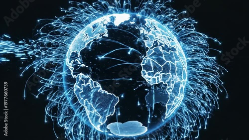 Abstract blue light streaks and glowing earth globe.