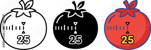 Pomodoro timer icons in black and white and color variants for productivity and time management