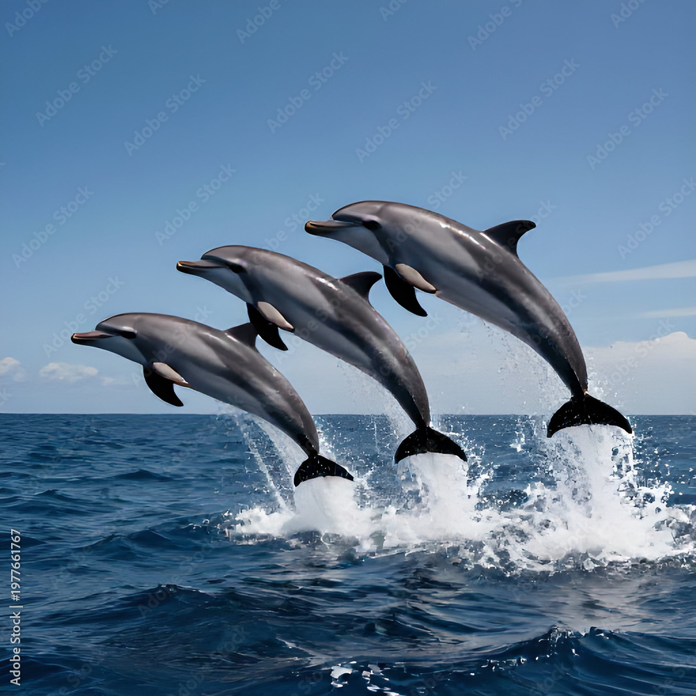Fototapeta premium Playful dolphins leaping from the ocean waves in a stunning display