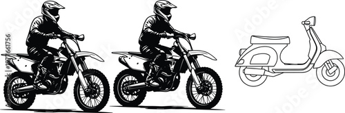 Motorcycle rider silhouettes with dirt bike and scooter outline black and white transport vector illustration set