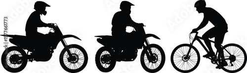 Silhouette set of motorcycle and cyclist riders with dirt bike and bicycle black vector illustration collection