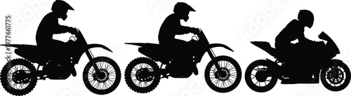 Motorcycle rider silhouettes set with dirt bike and sport bike black and white vector illustration collection
