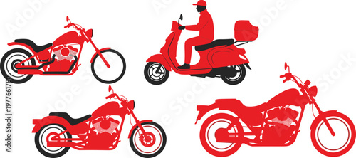 Red motorcycle and scooter silhouettes set with rider and chopper bikes flat vector illustration collection