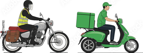 Motorcycle rider and delivery scooter courier with cargo box transport service flat vector illustration set